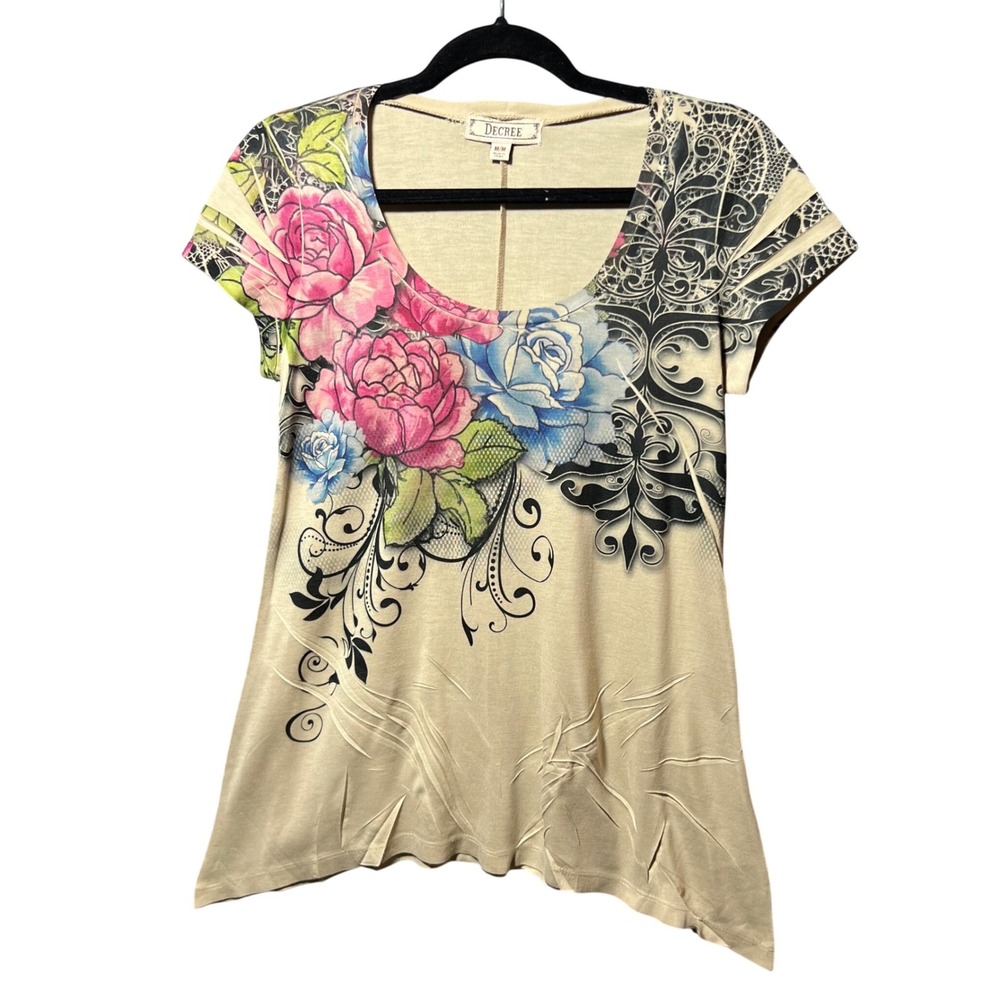 Decree Tan Floral Graphic T-Shirt Rose Filigree Y2K Scoop Neck Fitted Top Size M